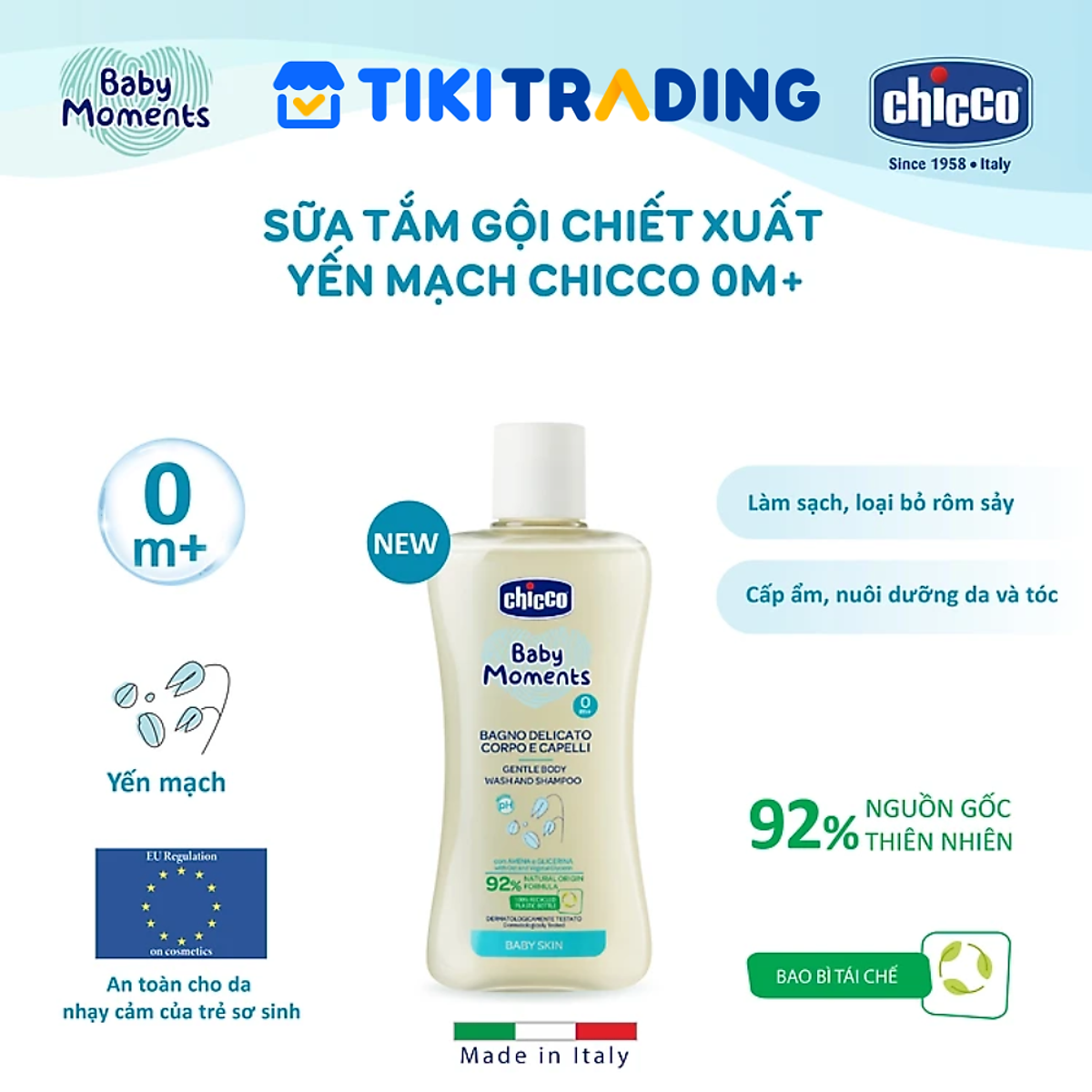 Sữa tắm gội cho bé chiết xuất Yến mạch 0M+ Chicco 200ml