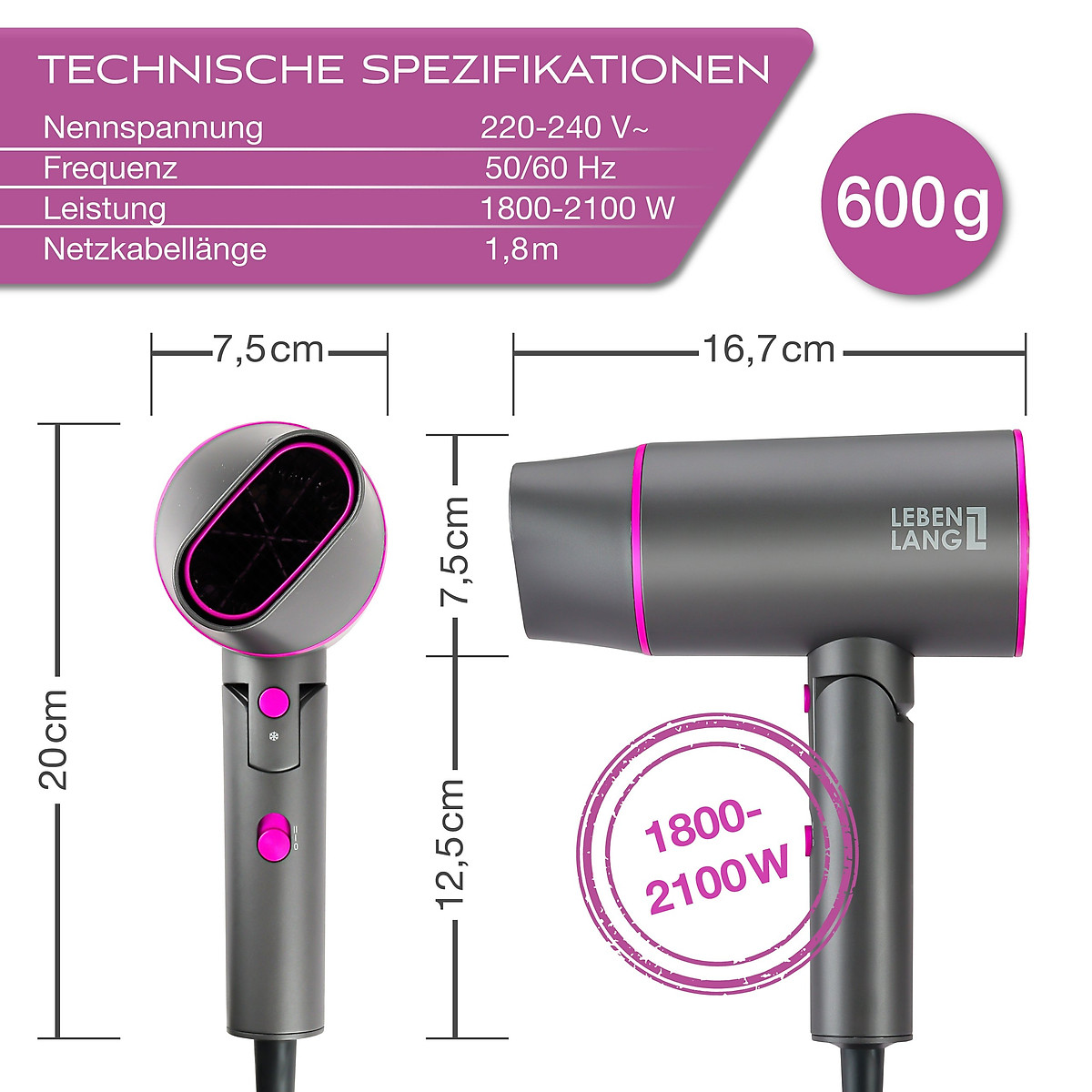 Máy sấy tóc Lebenlang LBH3088 (2100W) của Đức, kiểu gấp gọn, chống xơ rối tóc - hàng chính hãng
