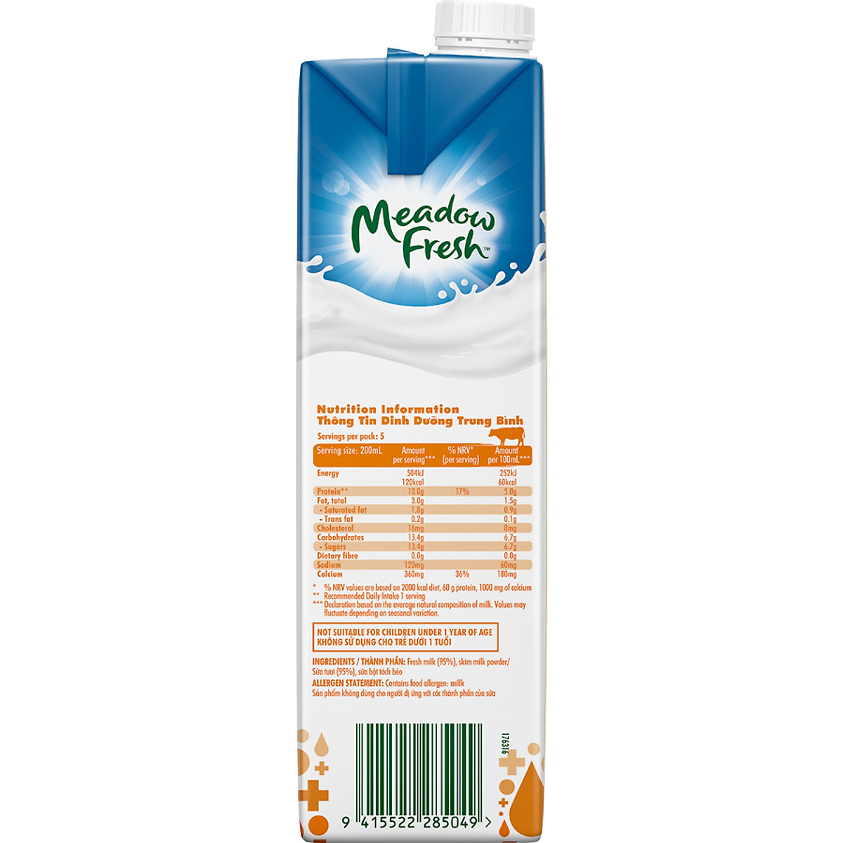 Thùng 12 hộp Sữa Tươi Tiệt Trùng Giàu Canxi Ít Béo Meadow Fresh 1L hàng New Zealand