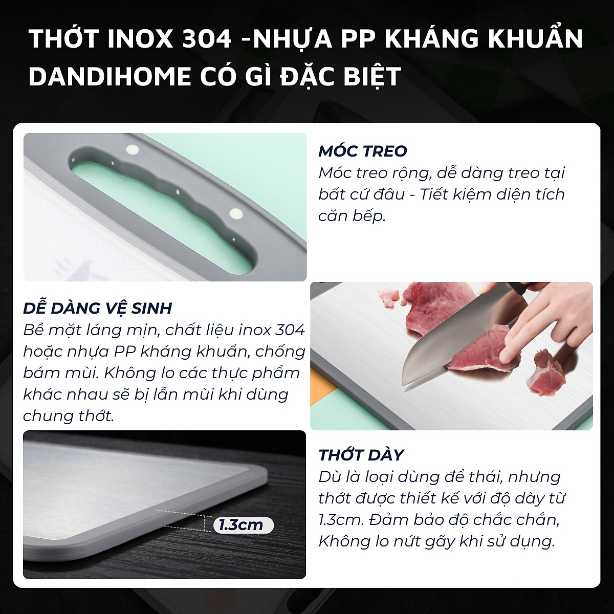 Thớt inox 304 và nhựa kháng khuẩn DandiHome cao cấp hai mặt - Hàng chính hãng