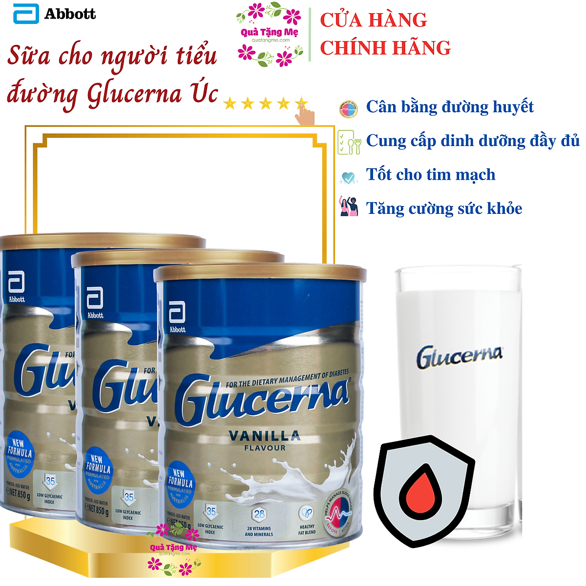 Sữa dành cho người tiểu đường Glucerna Vanilla Abbott Úc Bổ sung đầy đủ dinh dưỡng và cân bằng đường huyết - QuaTangMe Extaste - Combo 3 Hộp