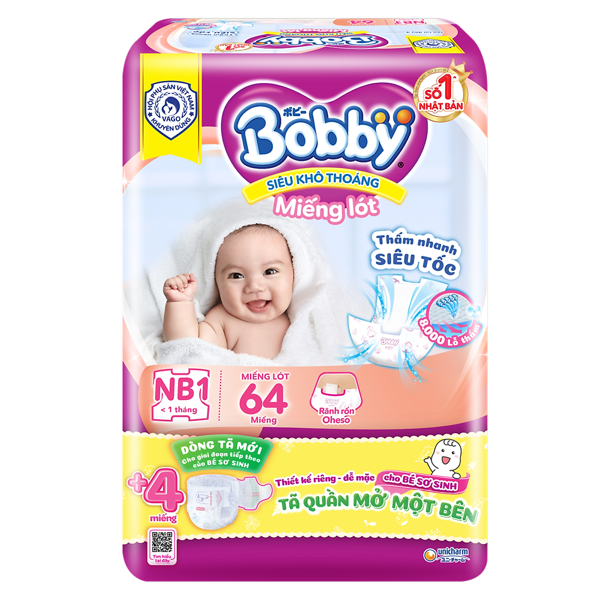Miếng lót sơ sinh Bobby Newborn 1-64 miếng - Tặng 4 miếng Tã Quần Một Bên NB size S