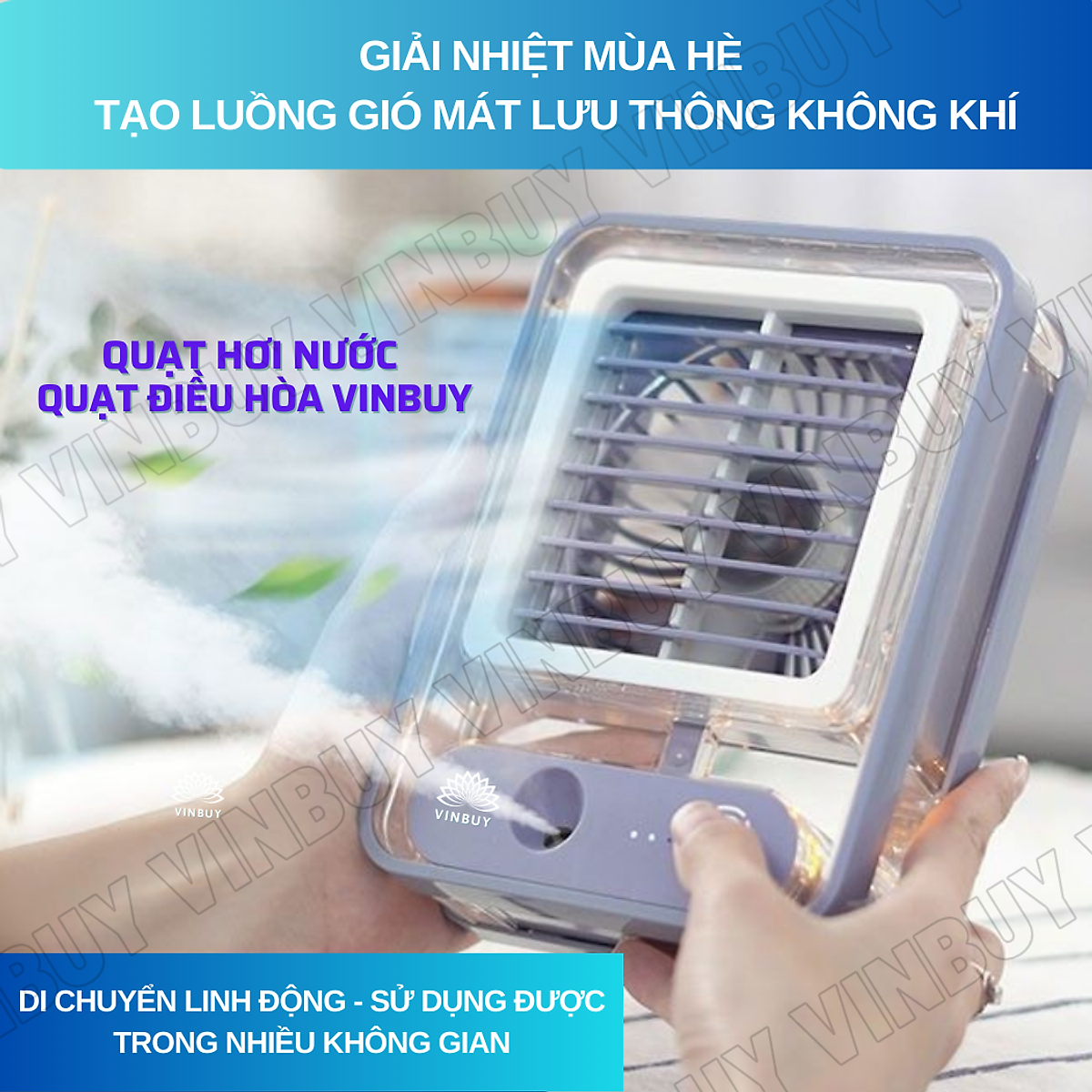 Quạt điều hòa hơi nước mini làm mát không khí để bàn nhỏ gọn, phun sương mạnh nhiều chế độ có bình đựng nước, nốt chạm cảm ứng, pin sạc tích điện, có đèn - Hàng chính hãng VinBuy