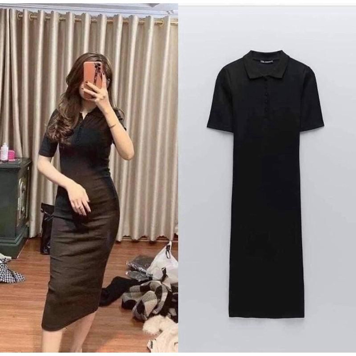BÁN SỈ- VÁY MIDI TAY LỠ CỔ ĐỨC KHUY CÀI