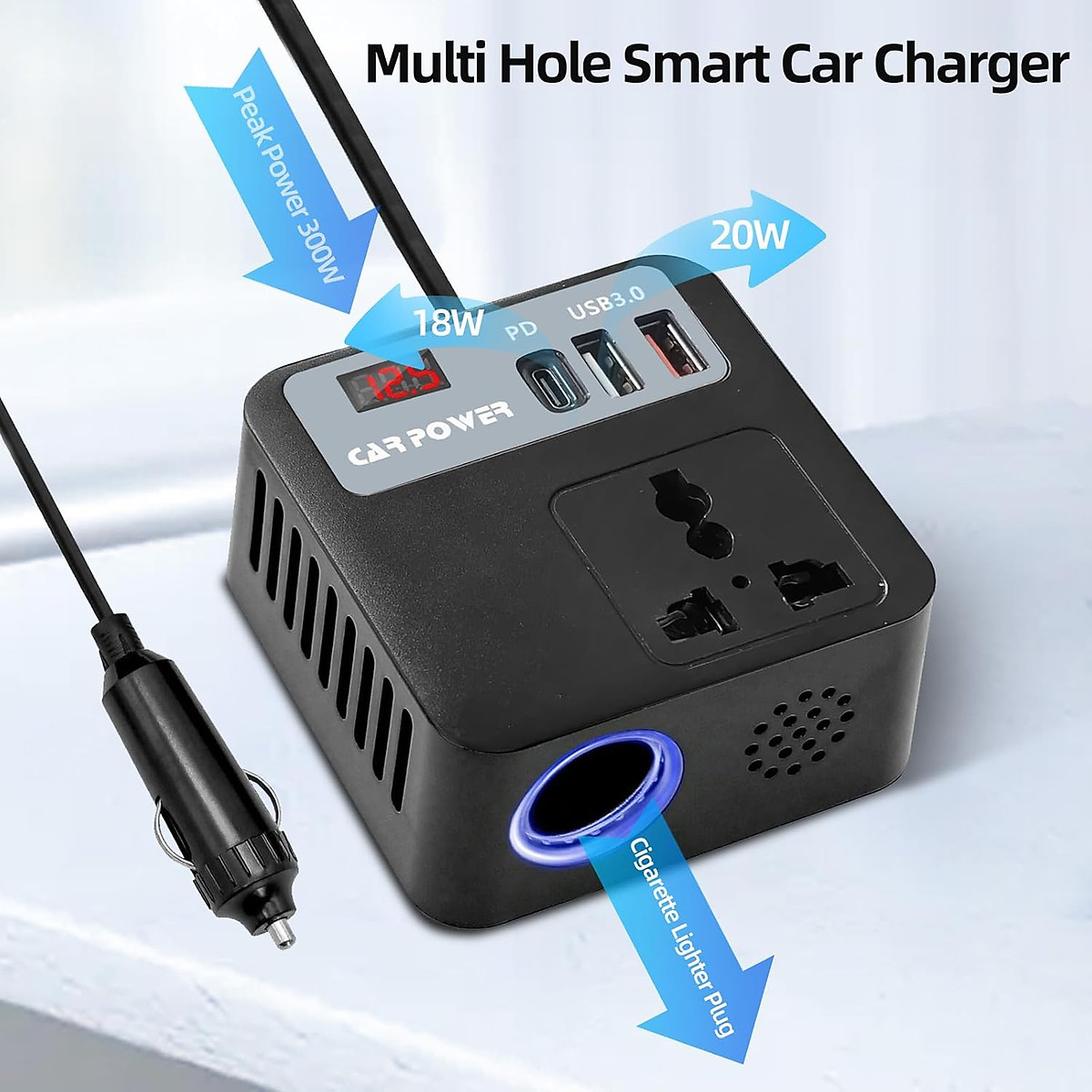 Bộ Chuyển Đổi, Biến Tần Đa Năng 12V/24V Sang 110V/220V Cho Xe hơi, Ô tô. 1 Type C - 2 cổng USB có sạc nhanh QC3.0, Bật Lửa