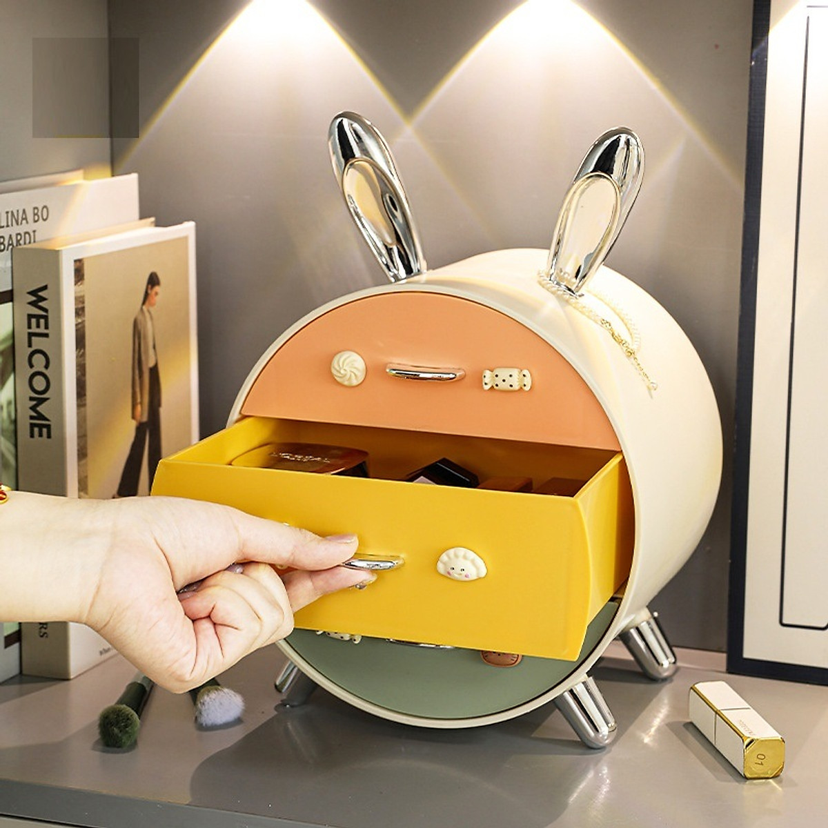 Kệ Đựng Mỹ Phẩm Kệ Đựng Đồ Trang Điểm Đựng Đồ Cá Nhân 3 Ngăn Hình Tai Thỏ Đa Năng Tiện Lợi Để Bàn