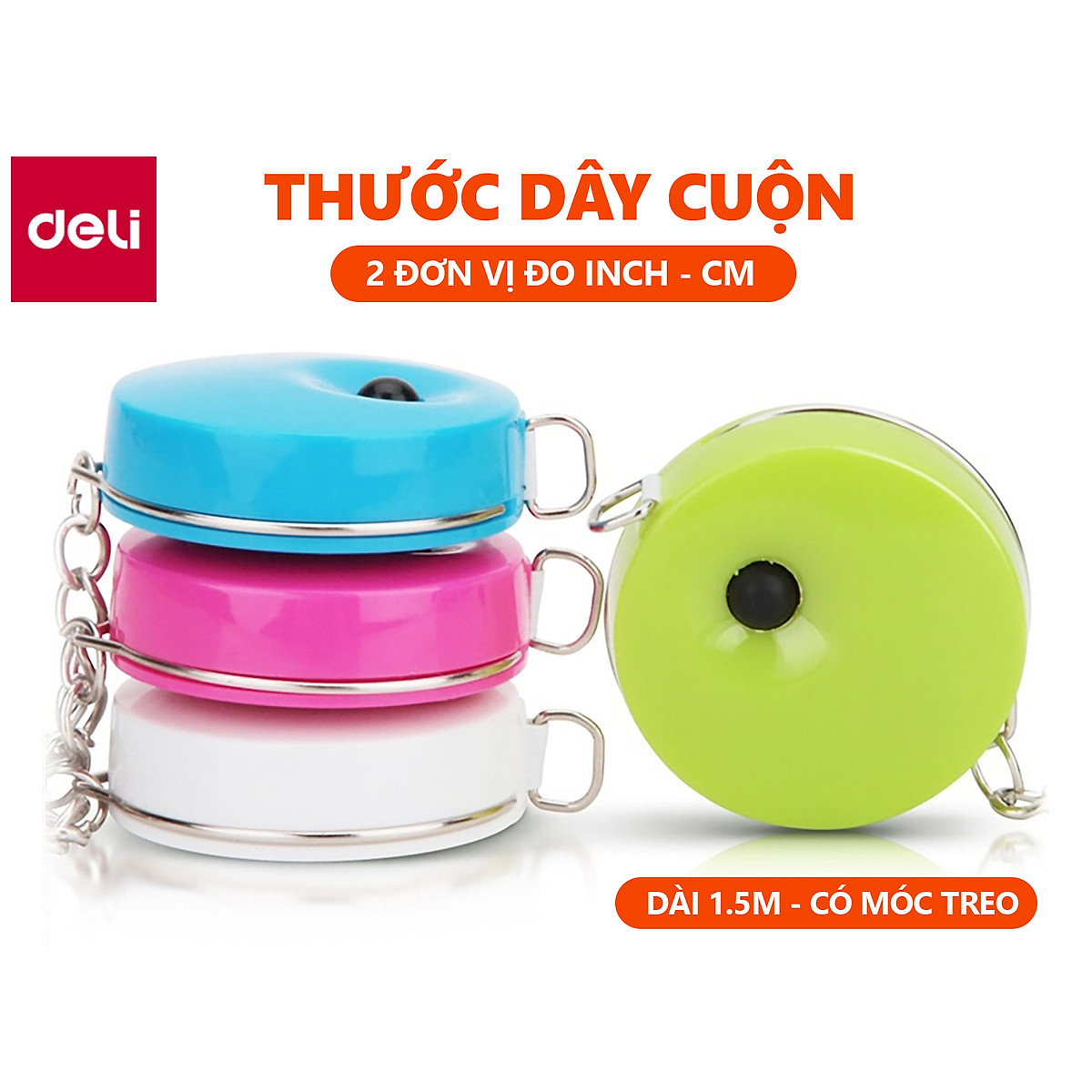 Thước Dây Deli Có Thể Làm Móc Chìa Khóa- Dài 1.5M - Thước Dây Cuộn - Màu Trơn Xanh Lá / Xanh Dương / Hồng / Trắng - 1 Chiếc