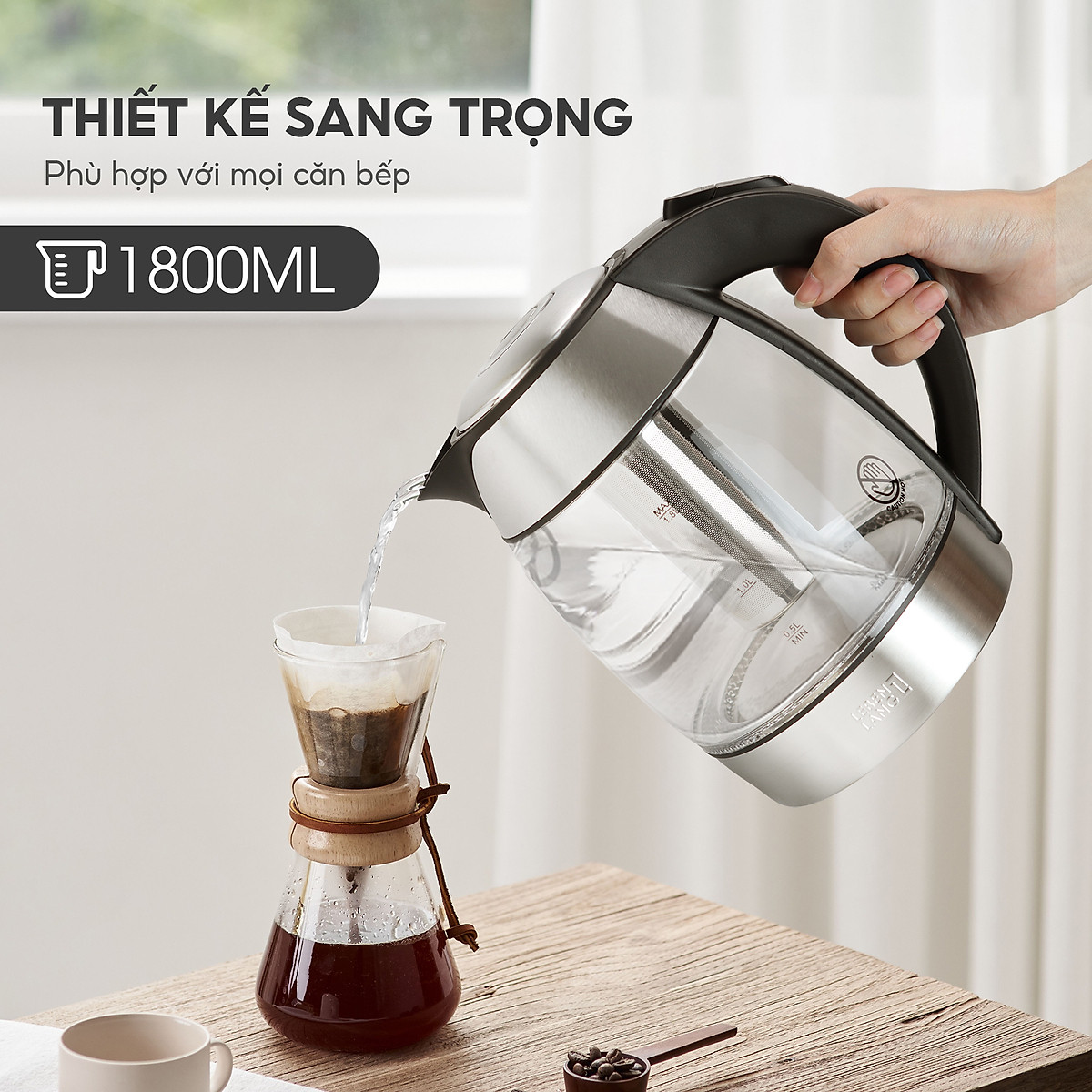 Ấm siêu tốc thuỷ tinh Lebenlang LBE2819, dung tích 1800ml, bảo hành 2 năm - hàng chính hãng