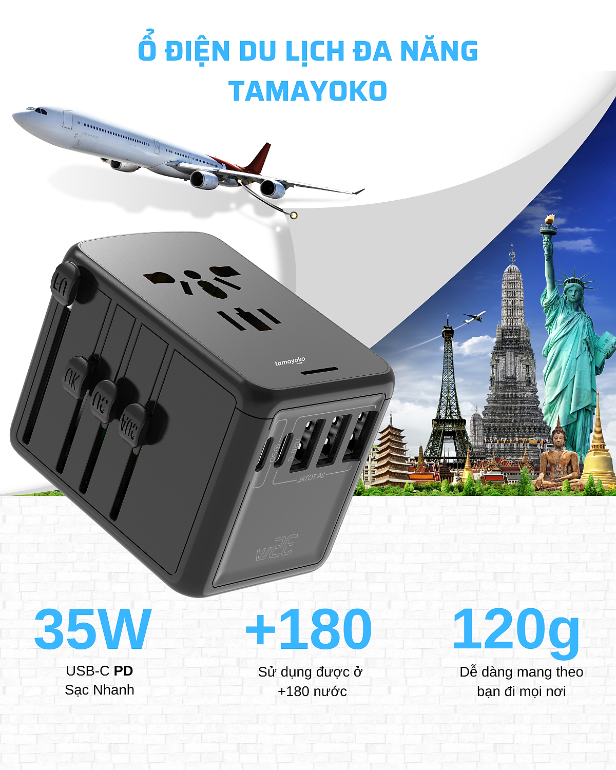 Ổ Cắm Điện Đa Năng Du Lịch Quốc Tế Tamayoko 5 Cổng Type-C & USB Cắm Tải 2000W