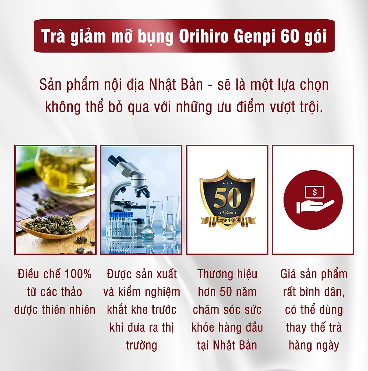 Trà giảm mỡ bụng Genpi Orihiro Nhật Bản hỗ trợ giảm mỡ bắp tay, đùi hiệu quả, chống oxy hoá gói 60 túi lọc JN-ORGEN01