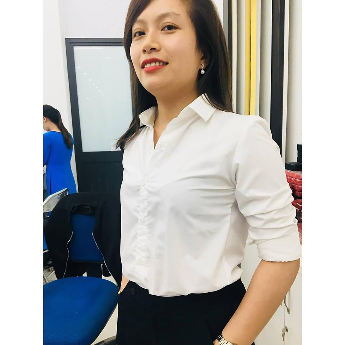 <Áo sơ mi nữ trắng dài tay basic loại 1>