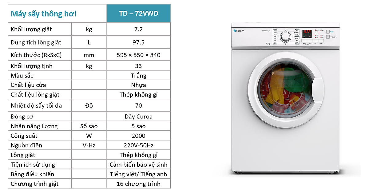 Máy sấy thông hơi Casper TD-72VWD 7.2kg - Hàng chính hãng (chỉ giao HCM)