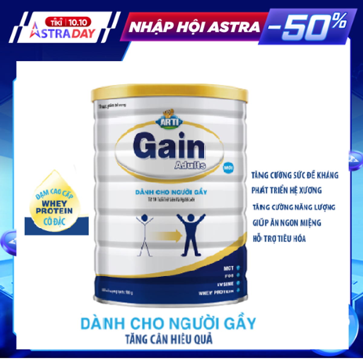 Sữa bột Sữa Arti Gain Adults Dinh loại 900g dinh dưỡng cho người gầy,chơi thể thao, lao động nặng, suy nhược (10 tuổi trở lên)
