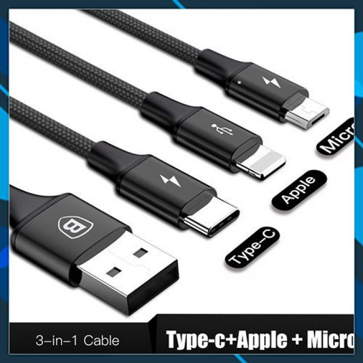 Cáp sạc nhanh 3A Baseus Rapid kết nối 3 đầu Type-C /Micro/ iPhone dây siêu bền cho Smartphone ( 3 màu ) - Hàng chính hãng