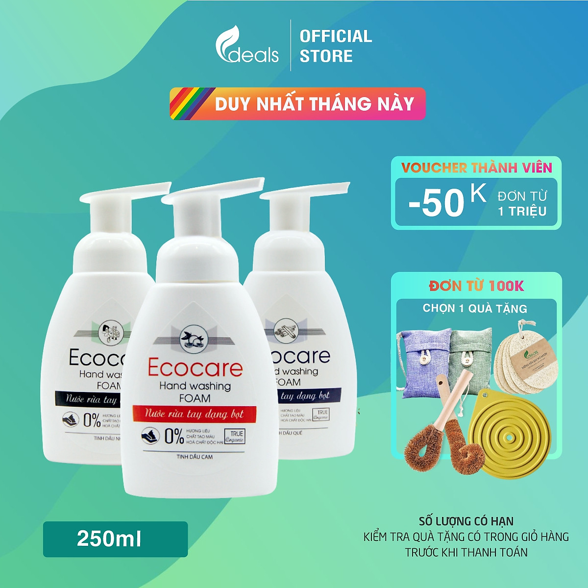Nước Rửa Tay Bồ Hòn Hữu Cơ ECOCARE - Chai 250ml - Sạch khuẩn, chăm sóc da tay, tinh dầu thiên nhiên khử mùi