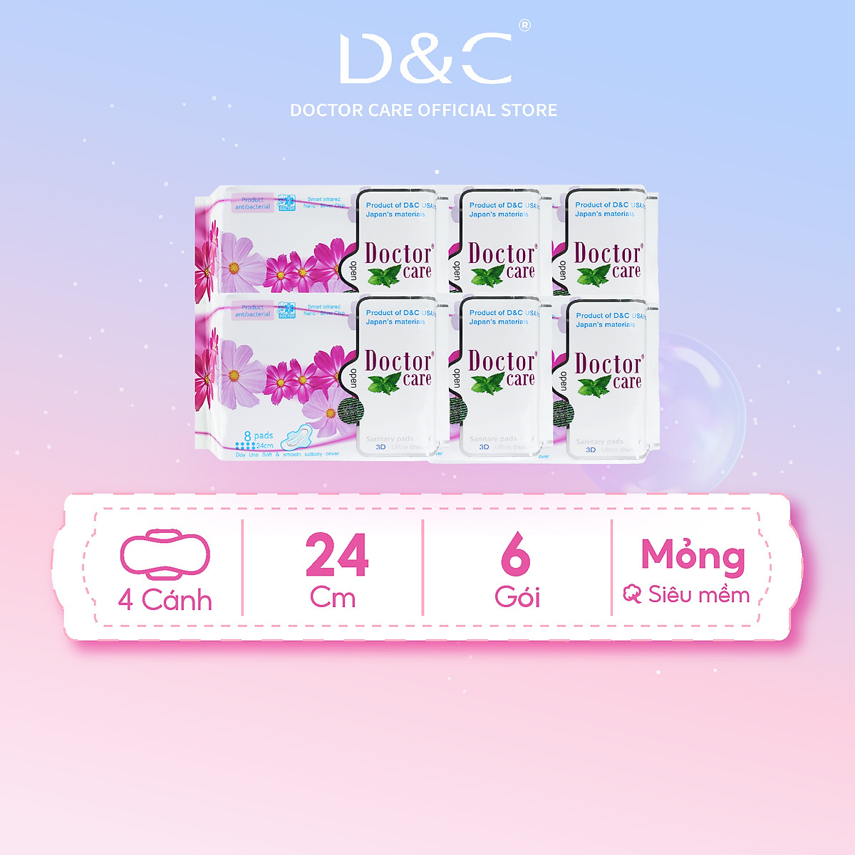 Combo 6 Băng vệ sinh thảo dược Doctor Care, BVS ban ngày 24cm siêu khô thoáng cả ngày dài