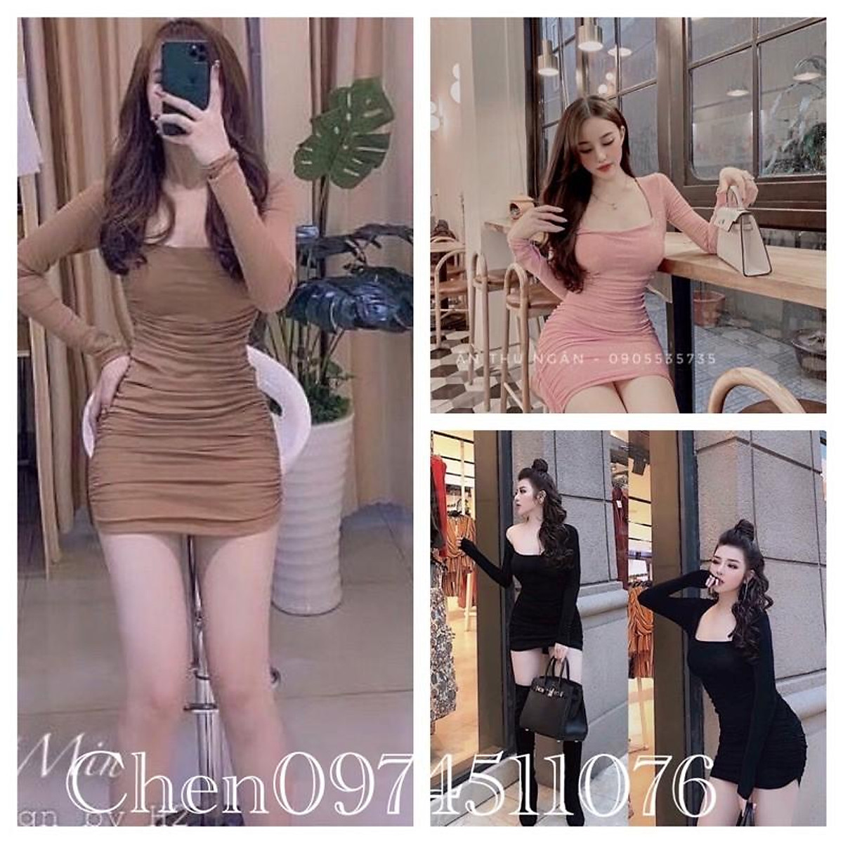 Mua Váy Body - Đầm Body Nữ Dài Tay Cổ Vuông Nhún Sườn Chất Đẹp - Đen,Free  Size Tại Sola Shop