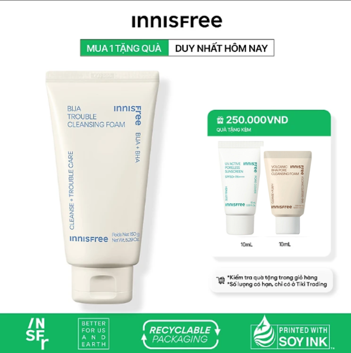 Sữa rửa mặt dành cho da mụn innisfree Bija Trouble Cleansing Foam 150g