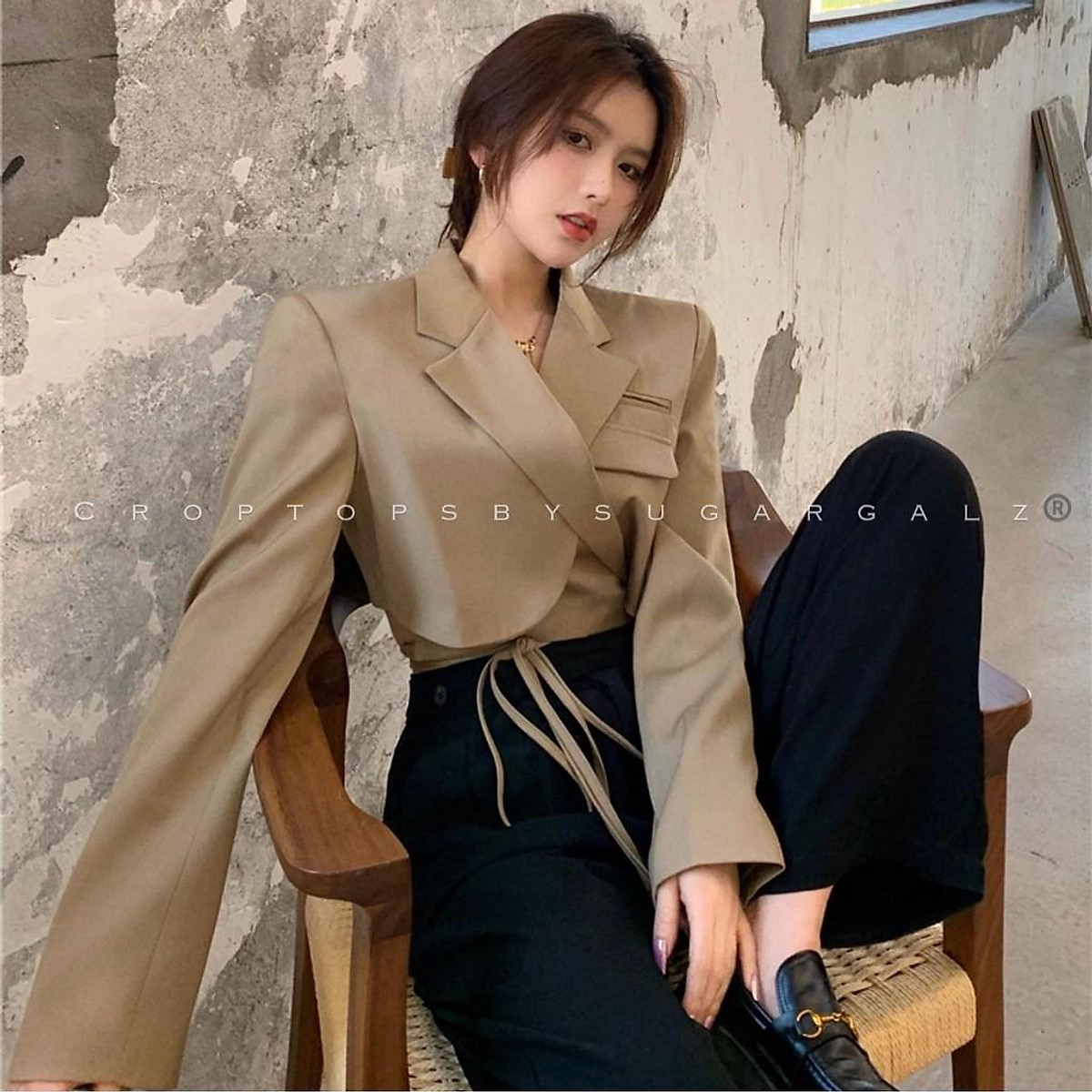 Set áo quần kiểu áo vest croptop phối quần ống suông  AlvinStoreVn