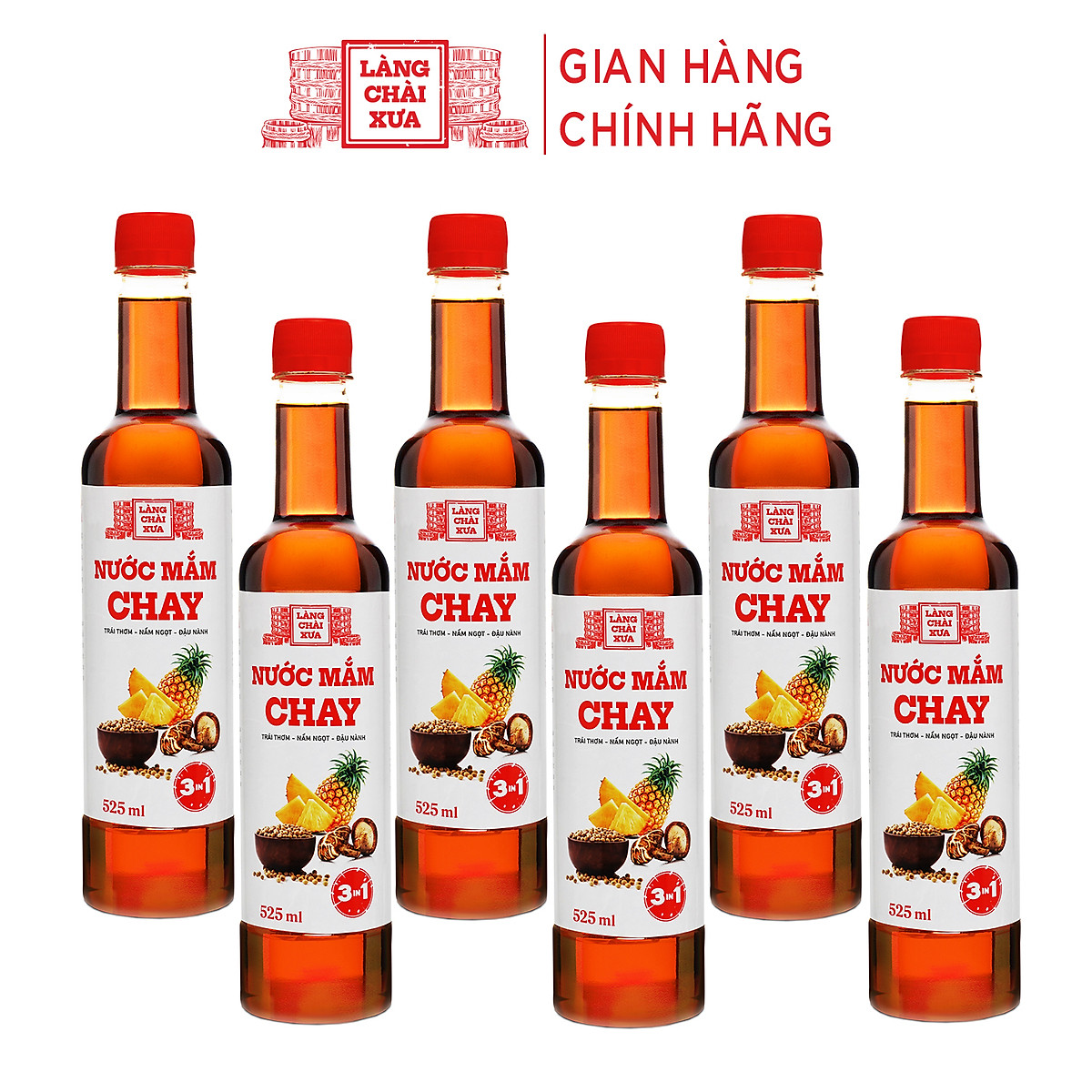 Đặc Sản Phan Thiết - Thùng 6 Chai Nước Mắm Chay 3 Trong 1 Làng Chài Xưa 525Ml Trái Thơm Nấm Ngọt Đậu Nành 300 Năm Truyền Thống
