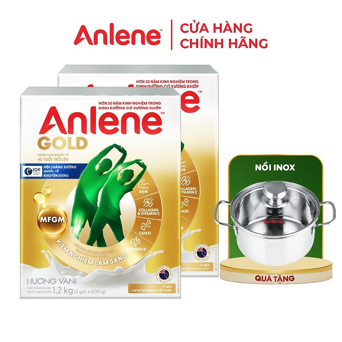 Combo 2 TPBS Anlene Gold hương vani 1.2kg tặng nồi inox
