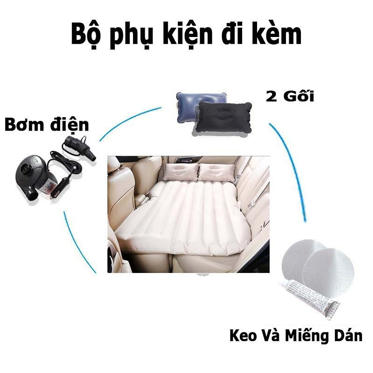 Đệm Hơi Ô Tô , Nệm Hơi Ô Tô Chân Liền Tặng Kèm 2 Gối hơi, 1 Bơm điện Nêm Chất Liệu Vải Nhung Dù Màu Ghi Có Thể Gấp Gọn, Dành Cho Nhiều Dòng Xe