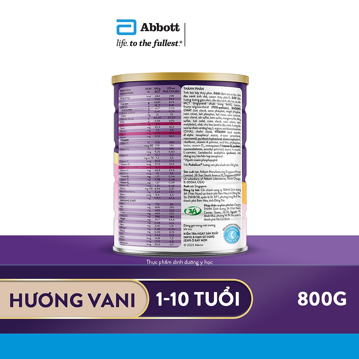 1 Lon Pediasure 800g (Dành cho trẻ từ 1 - 10 tuổi) - Tặng 2 Gói Dùng Thử