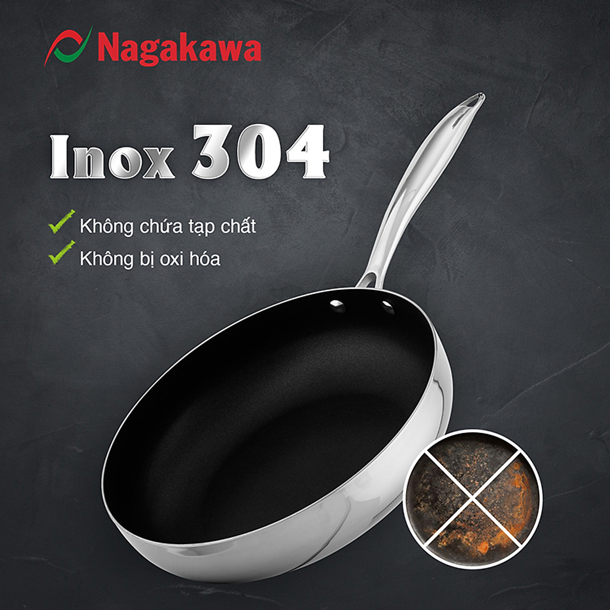 Chảo chống dính inox đa lớp toàn phần Nagakawa Natsu NAG03 - Dùng trên mọi loại bếp - Hàng chính hãng
