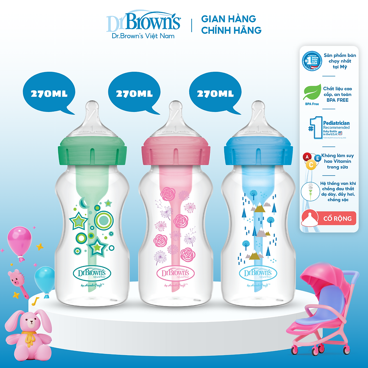 Bình sữa cổ rộng Dr.Brown's Deco 270ml nhựa PP Option Plus phiên bản mới nhất