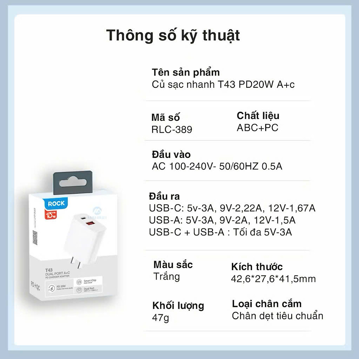Củ sạc nhanh ROCKSPACE T43 2 cổng USB-TypeC sạc nhanh 20w hàng chính hãng - Bảo hành 12 tháng