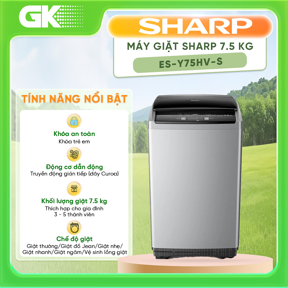 Máy giặt Sharp 7.5kg ES-Y75HV-S 5 chương trình giặt - Hàng chính hãng (Chỉ giao HCM)
