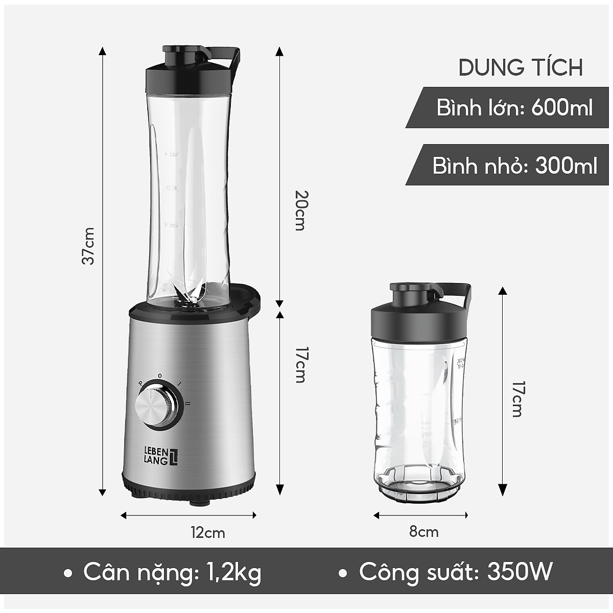 Máy xay sinh tố LEBENLANG gồm 2 cối tích hợp bình chứa dung tích 300-600ml, công suất 350W, model LBSP8648 - hàng chính hãng