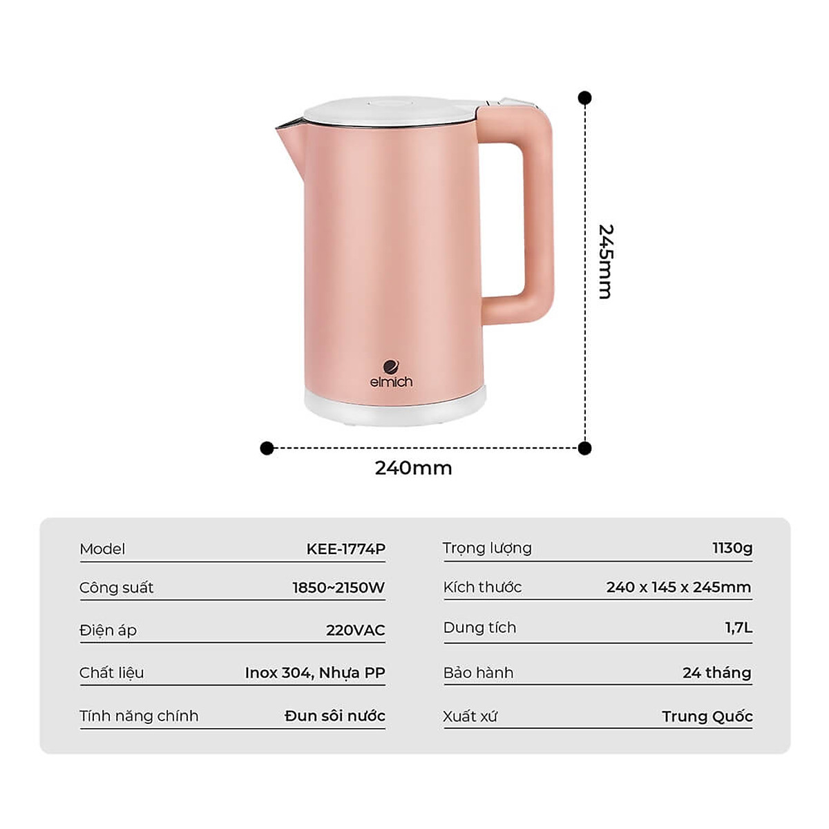 Ấm đun nước siêu tốc Elmich 1,7L KEE 1774 P - Hàng chính hãng