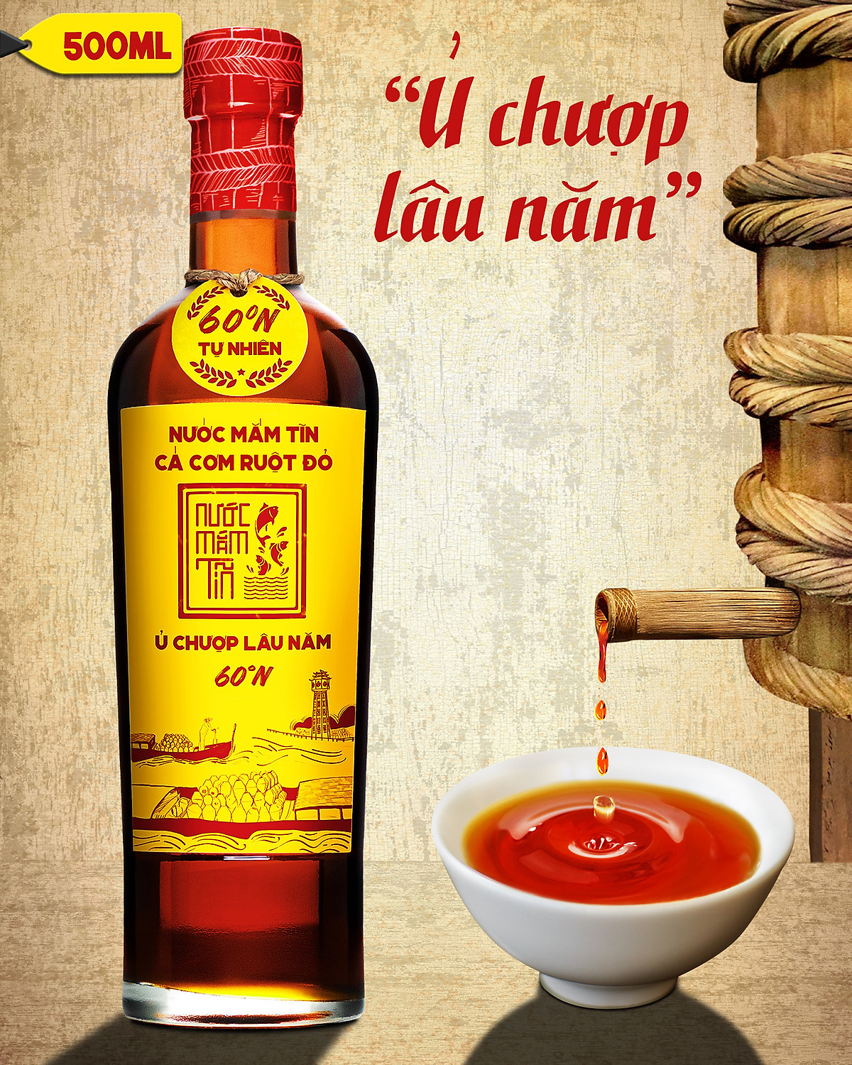 Đặc Sản Phan Thiết - [Cá Vàng - 60N - 500Ml] Nước Mắm Tĩn Cá Cơm Ruột Đỏ Độ Đạm 60N Chai Thuỷ Tinh 500Ml Nước Mắm Truyền Thống Sạch