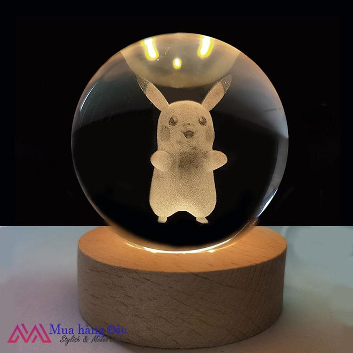 Bộ Quà Tặng Quả Cầu Pha Lê 3D larser LED hình pikachu 6cm (tặng đế đèn