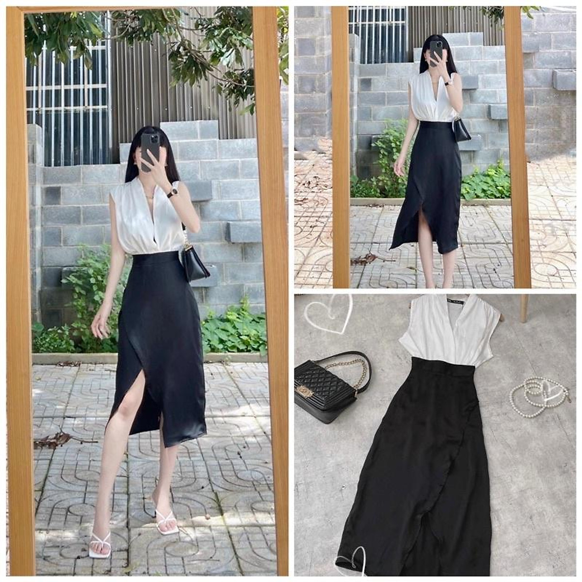 VÁY MAXI XẺ TÀ HAI BÊN KẺ SỌC SÁT NÁCH CỔ TRÒN  CUTE SHOP  Phụ kiện  xinh của chúng mình