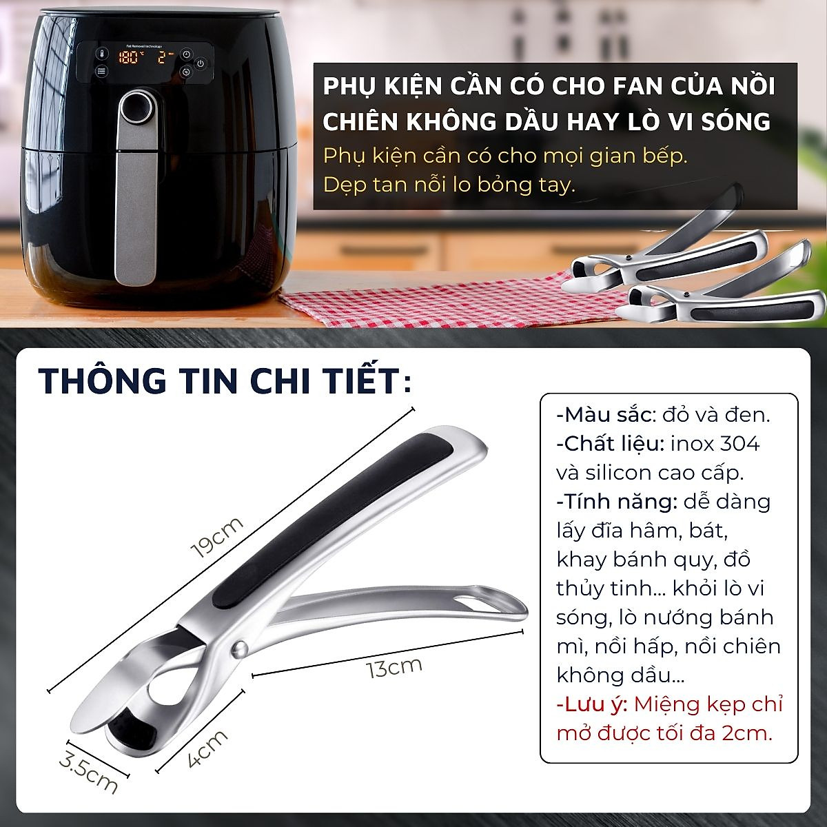 Dụng cụ kẹp gắp đồ nóng DandiHome inox 304 với mút silicon chống trơn trượt