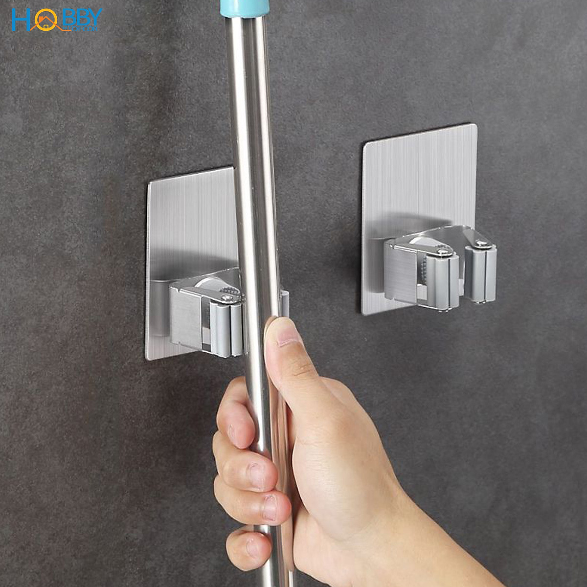 Combo 2 móc treo cán chổi dán tường inox 304 Hobby home decor CV-2 có keo dán
