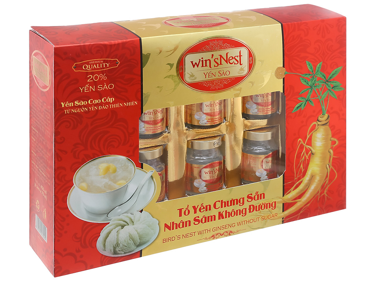Yến Sào Win'snest Tổ Yến Chưng Sẵn Nhân Sâm Không Đường 20% (6 Lọ/Hộp) Món quà sức khỏe (KÈM TÚI)