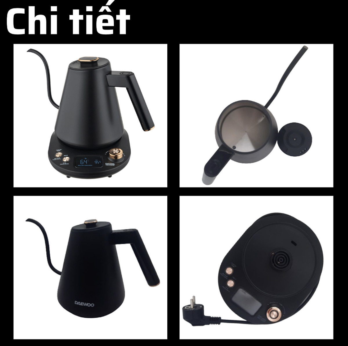 Ấm đun siêu tốc Daewoo 1L DWK-GN10LCD Hàng Chính Hãng chỉnh nhiều mức nhiệt, bảo hành 2 năm