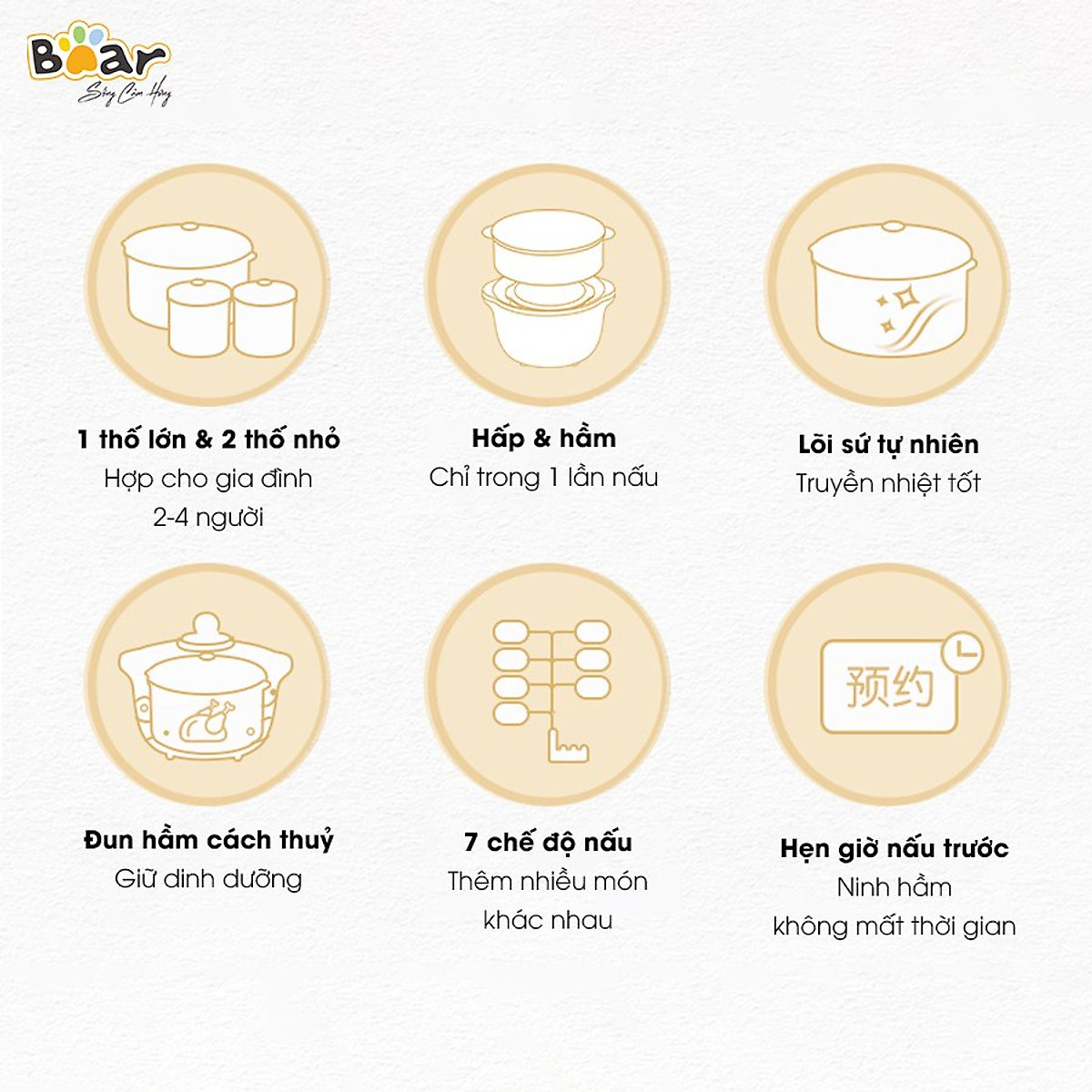 Nồi Nấu Chậm 1,6L Bear SUBE002 Đa Năng Nấu Cháo, Chưng Yến Bản Quốc Tế - Hàng Chính Hãng