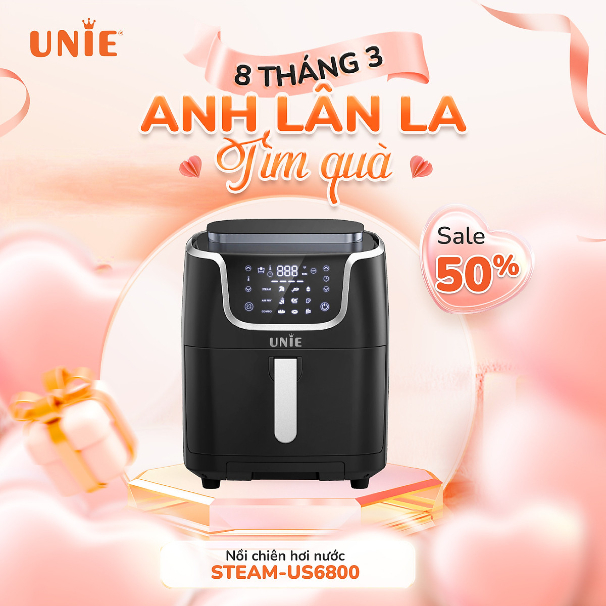 Nồi chiên hơi nước kết hợp nướng hấp UNIE Steam US6800 công suất - Hàng chính hãng