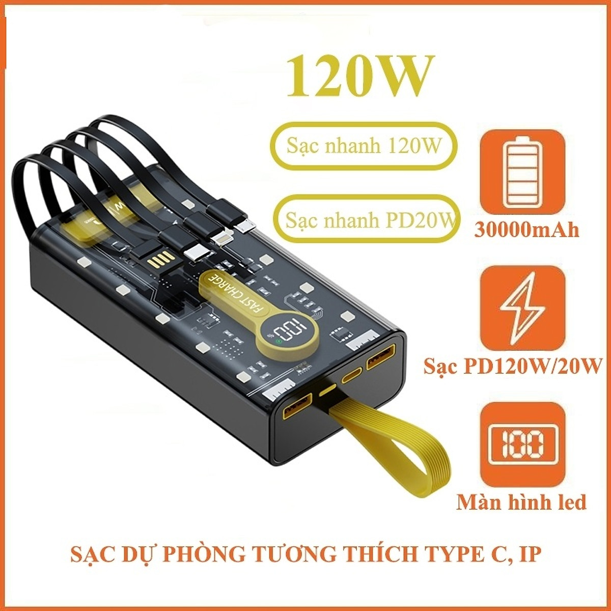 Sạc Dự Phòng trong suốt 30000mAh - sạc siêu nhanh, tích hợp 4 cáp, 2 cổng usb, sạc cùng lúc nhiều điện thoại - Hàng chính hãng