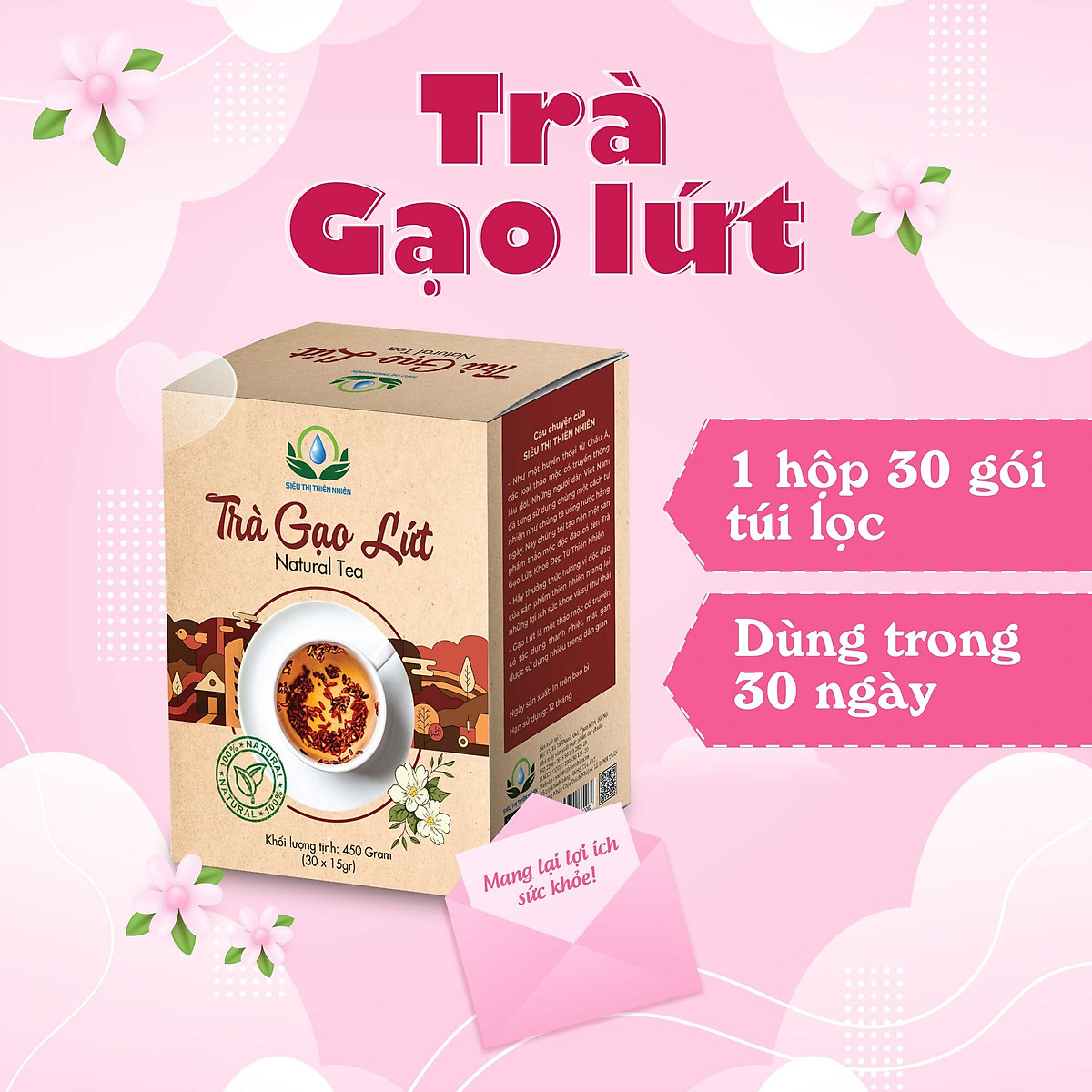 Trà Gạo Lứt Túi Lọc Hộp 30 gói Mix Hoa Nhài, Cỏ Ngọt, Kỳ Tử, Táo Đỏ, Đậu Đen, Đậu Đỏ, Lá Nếp - Siêu Thị Thiên Nhiên