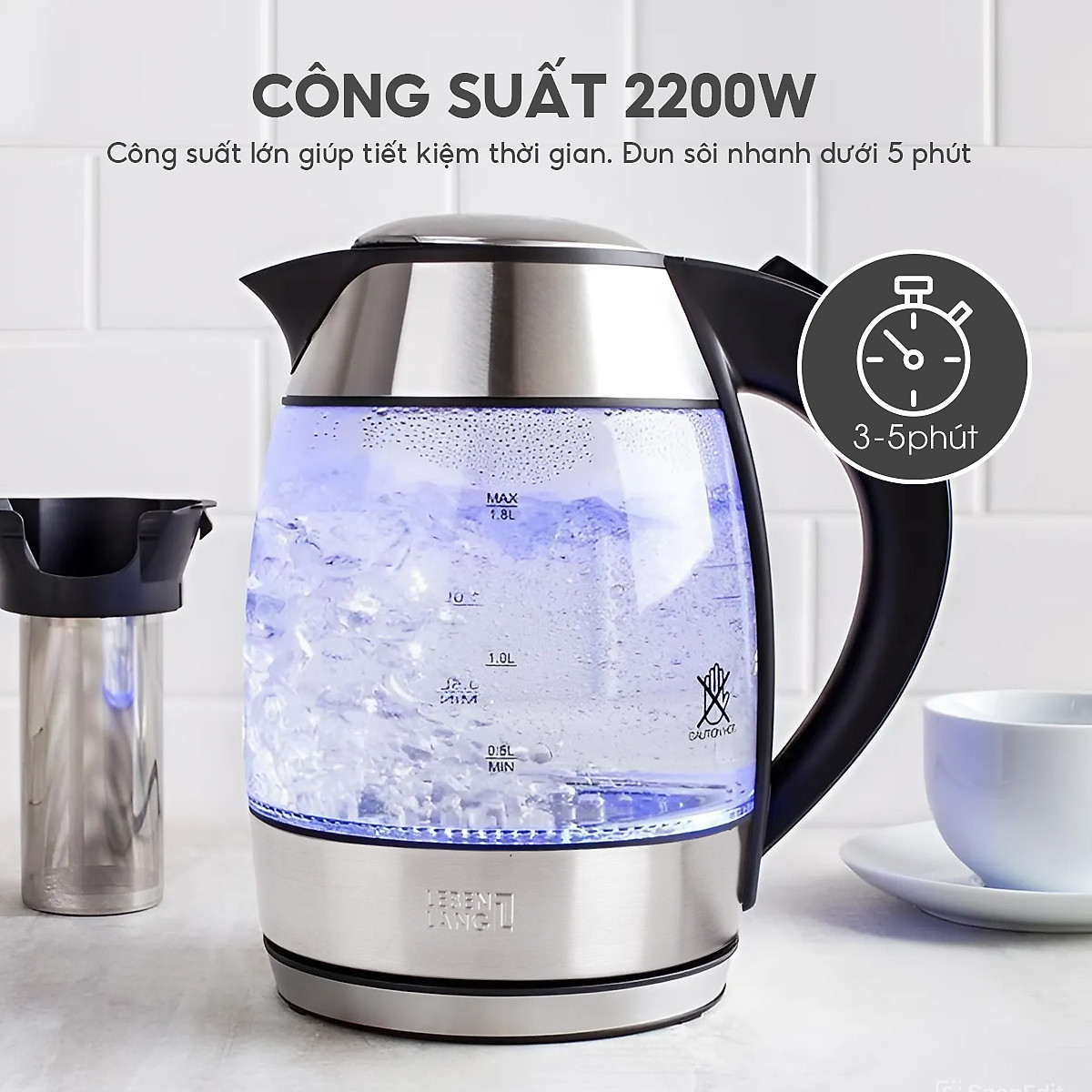 Ấm siêu tốc thuỷ tinh Lebenlang LBE2819, dung tích 1800ml, bảo hành 2 năm - hàng chính hãng