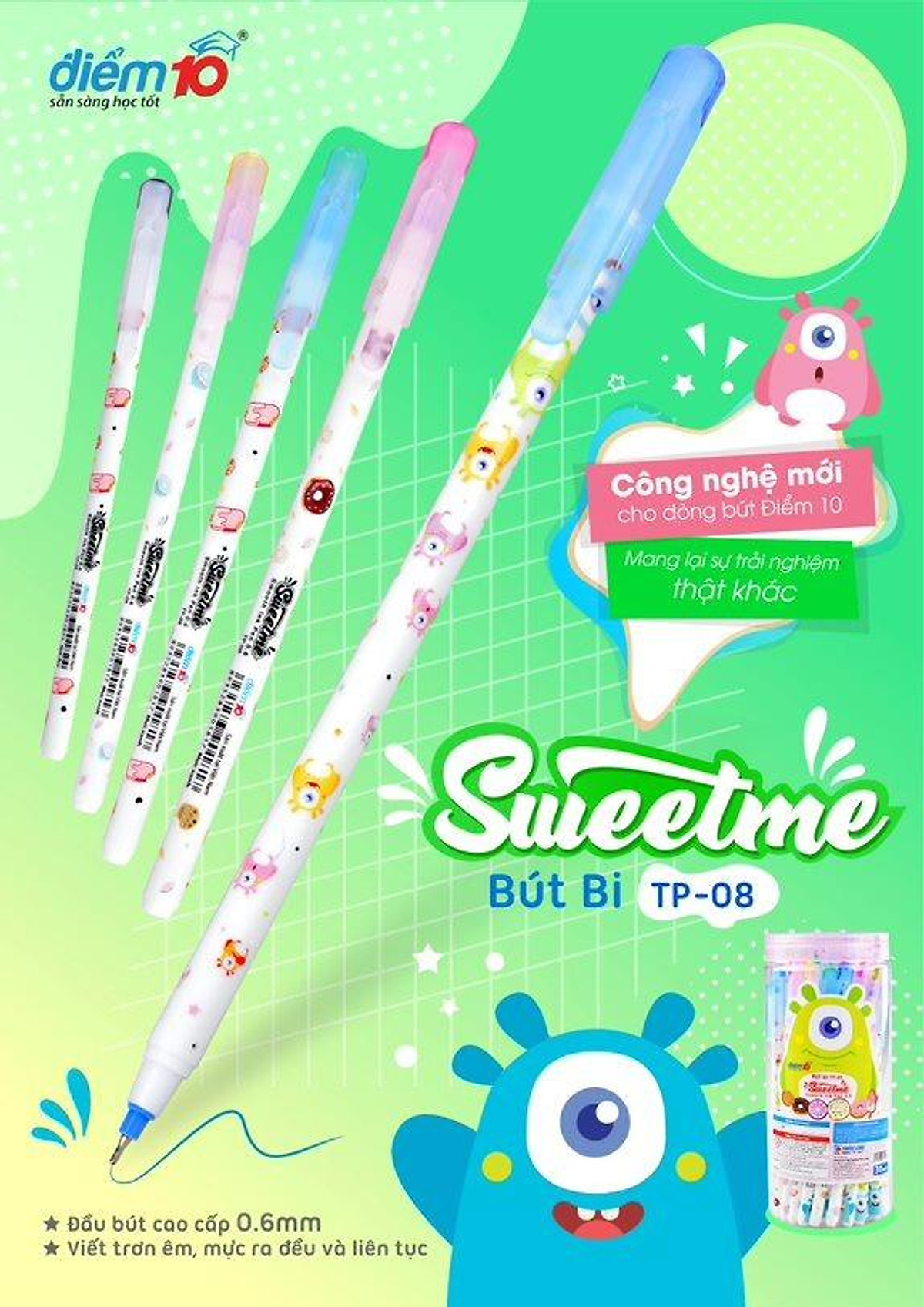 Bút Bi Điểm 10 0.6 mm Sweetme Thiên Long TP-08 - Mực Đen (Mẫu Màu Giao Ngẫu Nhiên)