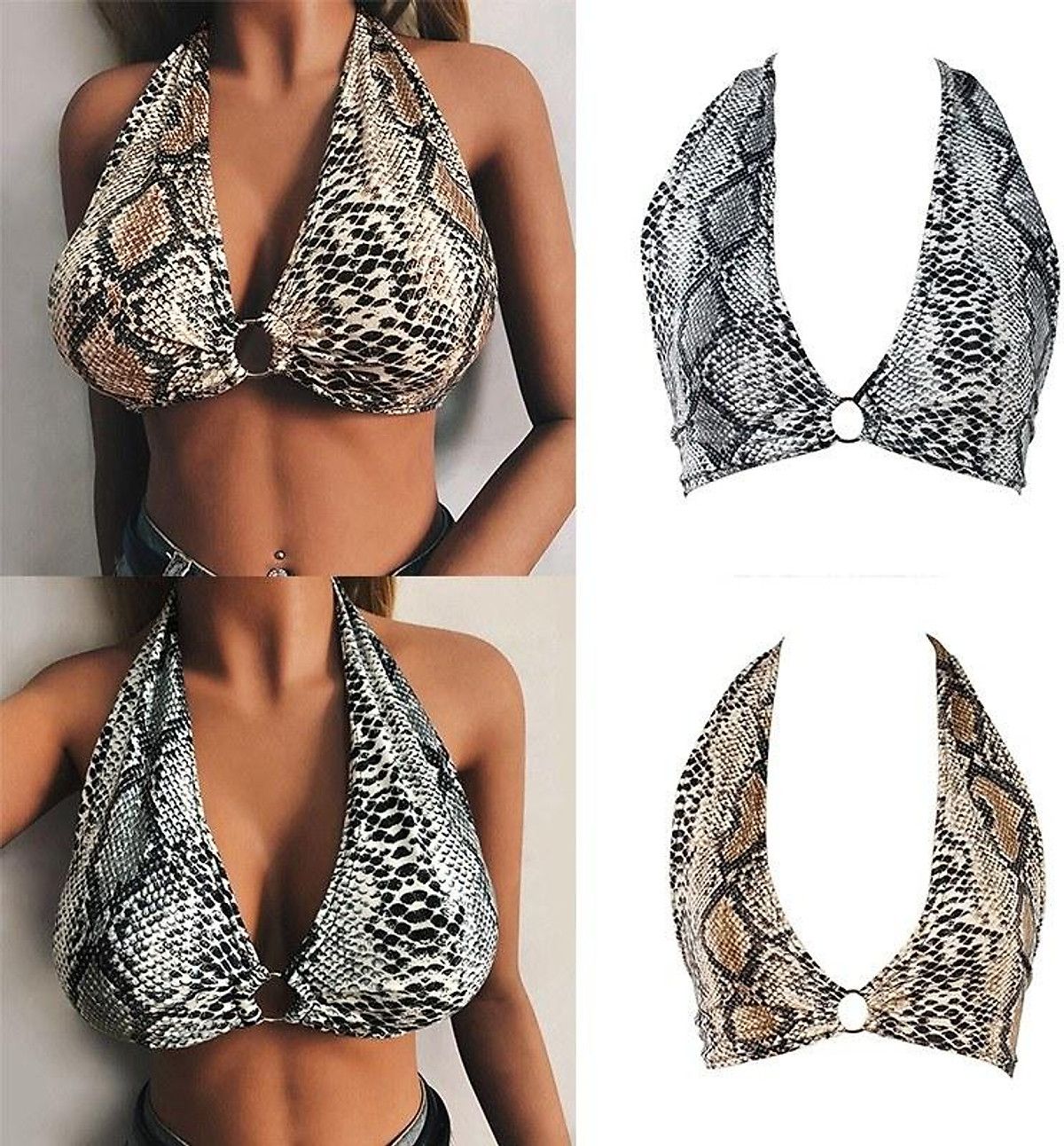 Women Snake Skin Print Bra Plunging V Neck Halter Bralette Lingerie Crop  Top Underwear Grey/Khaki 