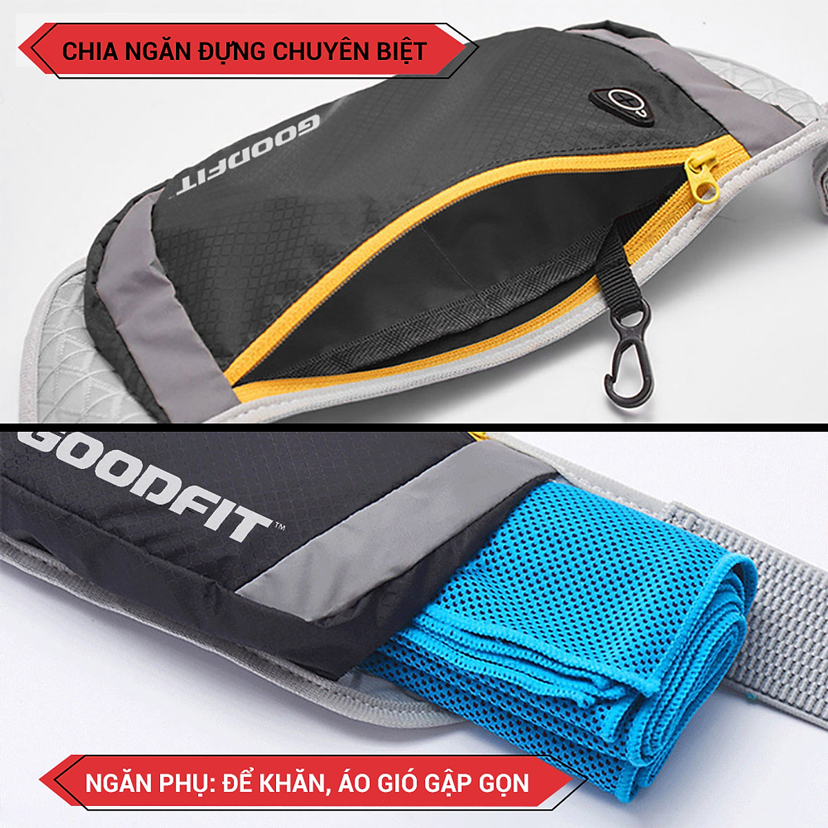 Túi đeo hông, đai chạy bộ nhiều ngăn chống nước, có phản quang Goodfit GF102RB