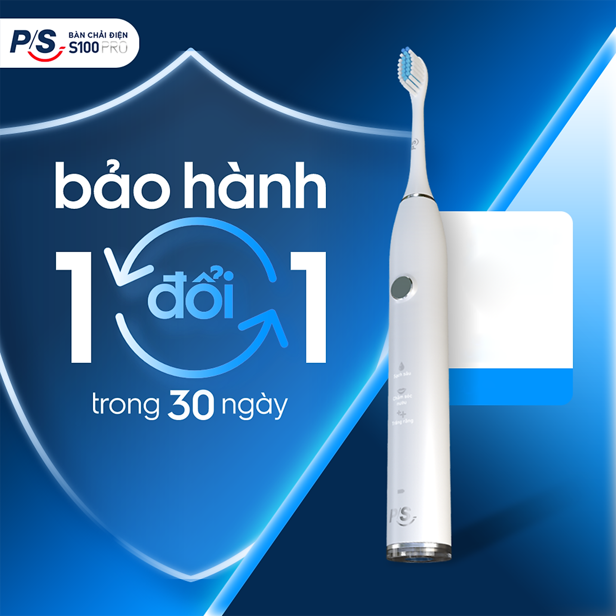 Bàn Chải Điện P/S S100 PRO - Công Nghệ Sóng Âm, Chải Sạch Mảng Bám Tới 10X - Trắng Sáng