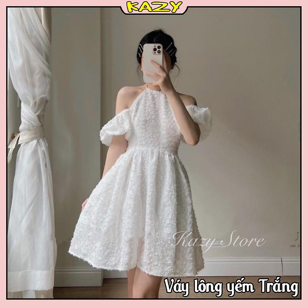 Váy trắng tiểu thư dự tiệc cổ yếm trễ vai tay bồng 2 lớp thêu hoa